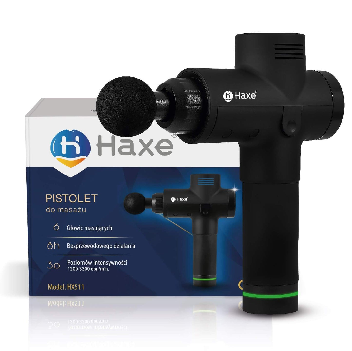 Pistolet do masażu Haxe Torro render pudełko + urządzenie front