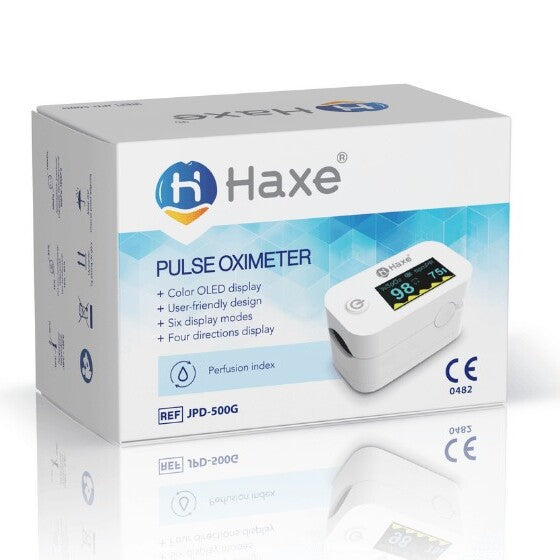 Pulsoksymetr JPD-500G render pudełko front/lewy bok